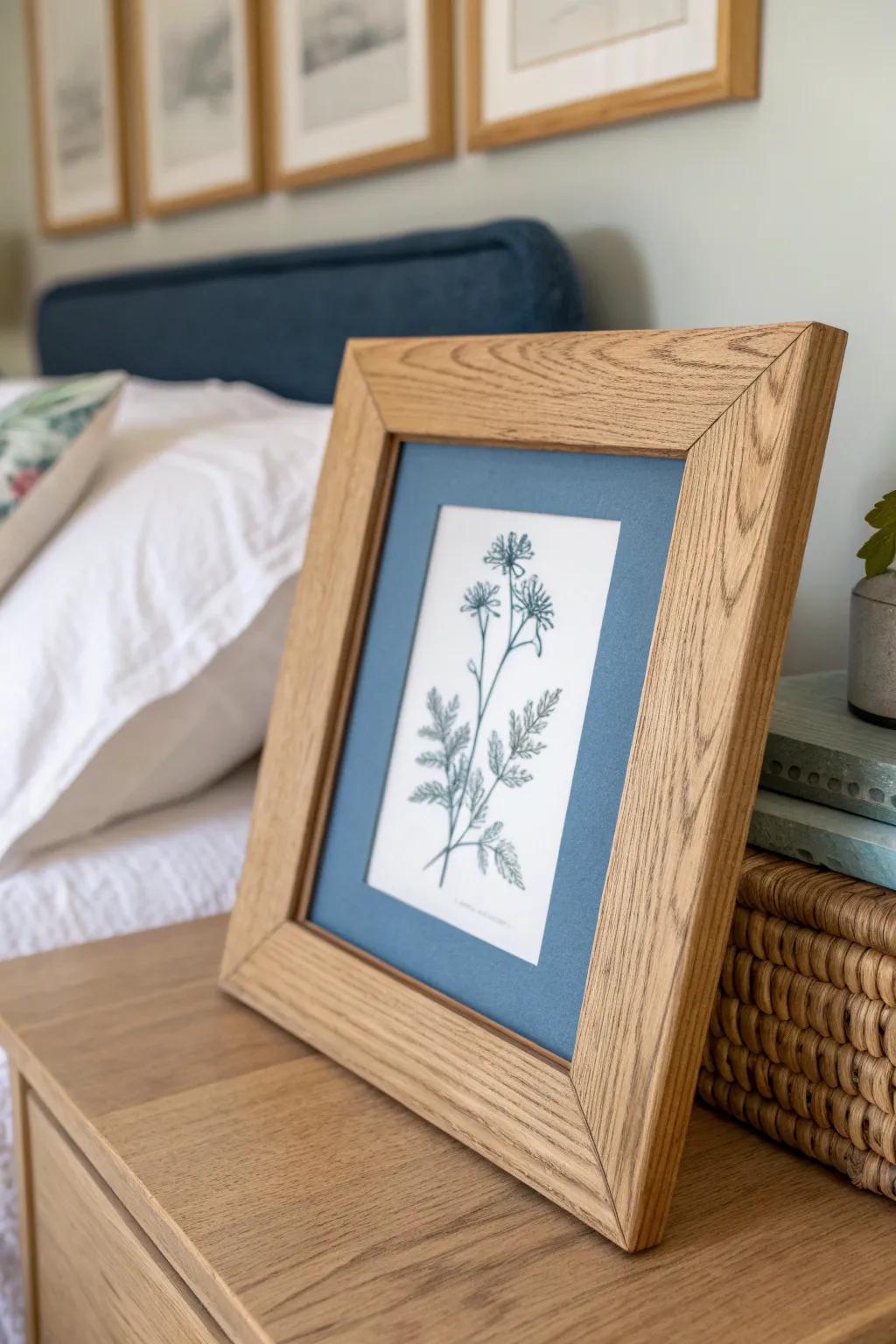 Handmade oak frame with botanical print and blue mat for a calm, collected farmhouse bedroom.