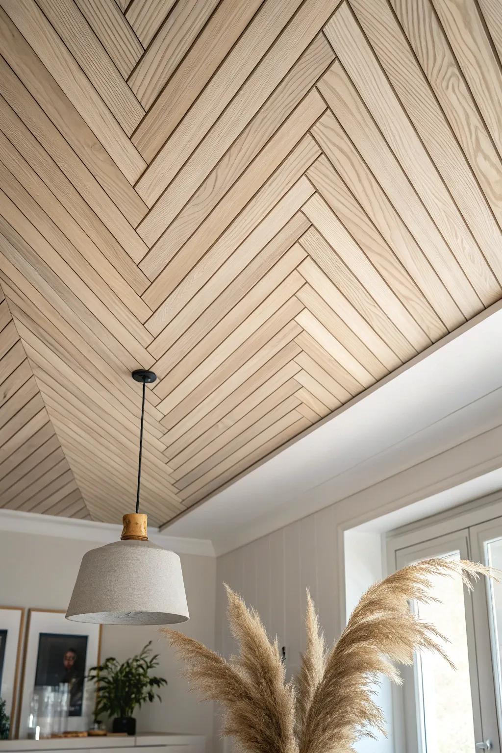 Graphic chevron battens on a flat ceiling—minimal, warm oak detail with real wow factor.