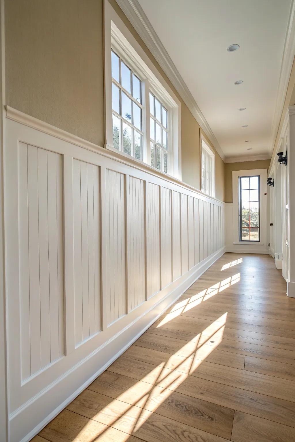 Horizontal board-and-batten wainscoting that stretches the room—modern cabin charm, minimal and warm.