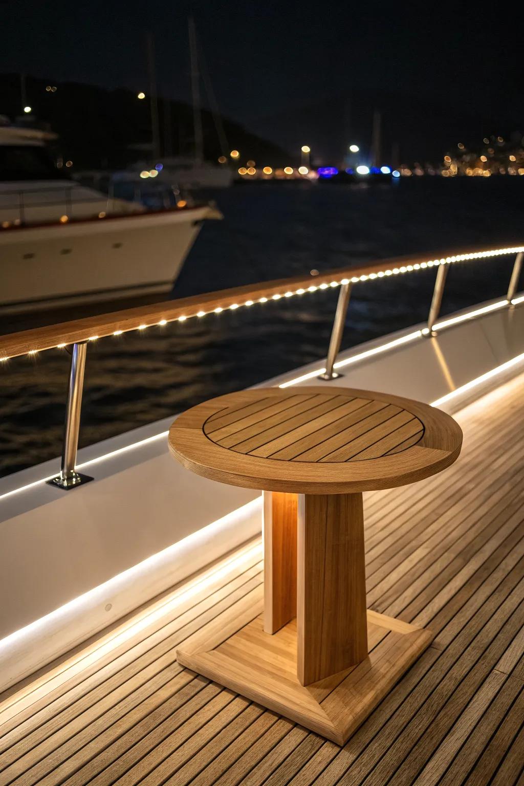 Subtle glow-edge inlay turns a minimalist boat table into a safe, dreamy night-cruise centerpiece.