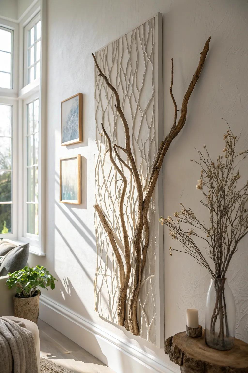 Driftwood relief wall art—soft boho texture with Scandinavian calm and shadow play.