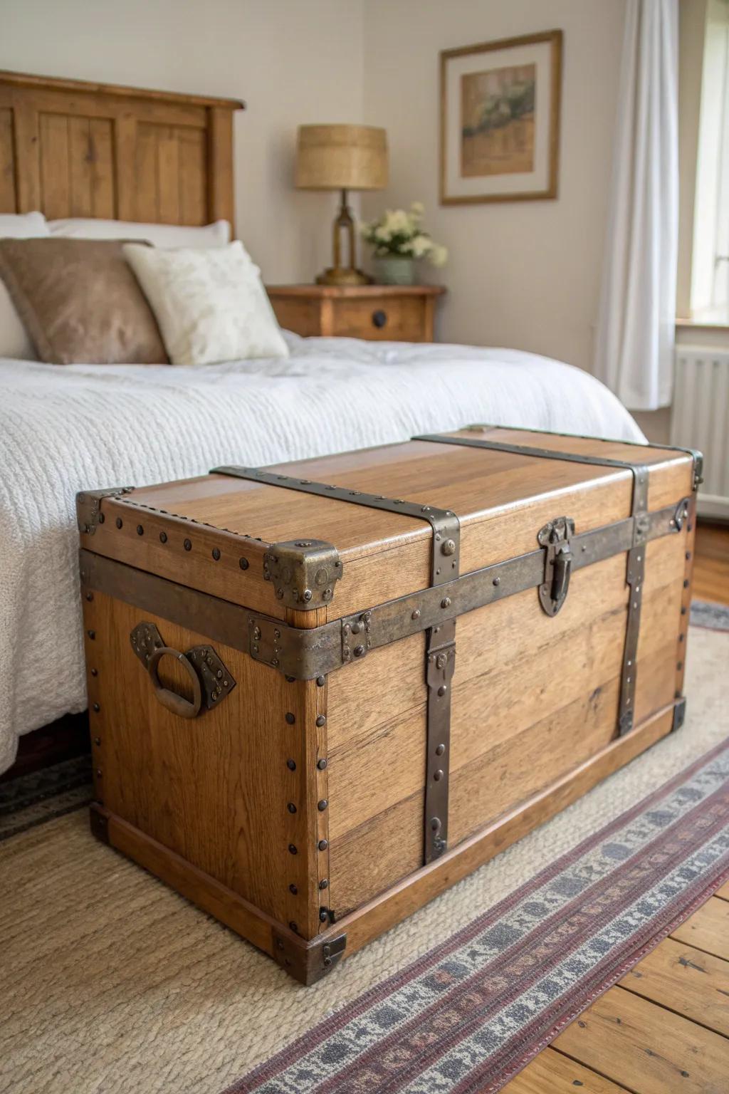 An upcycled cedar-lined trunk at the bed’s foot—farmhouse charm with boho travel vibes.