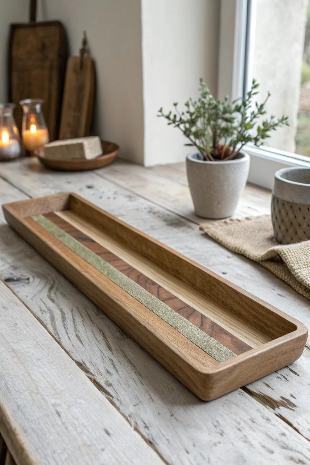 A slim oak tray with earthy resin inlay—minimal, boho, and made to catch the light.