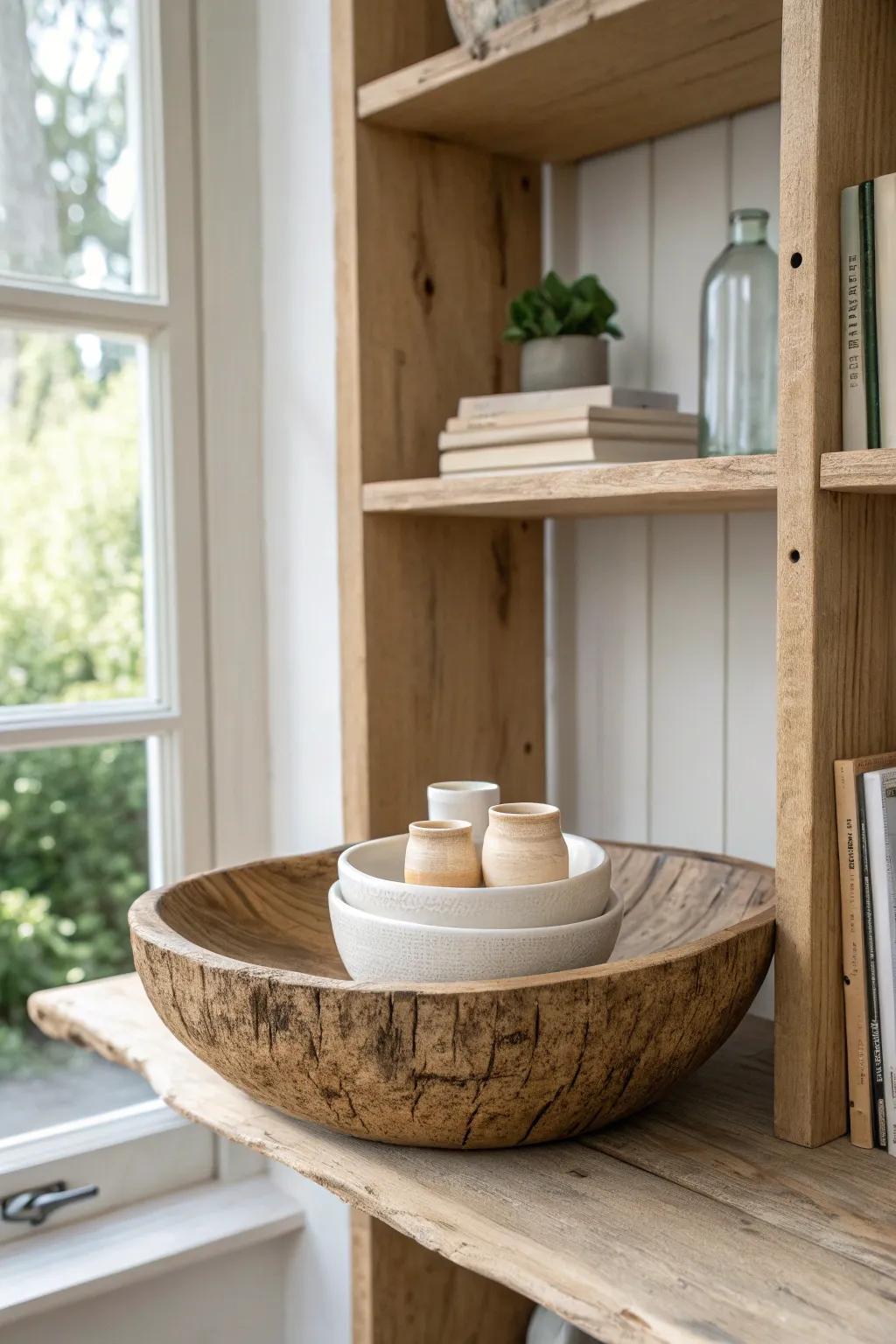 Mix reclaimed wood grain and matte ceramics for a warm, high-end bookcase texture.
