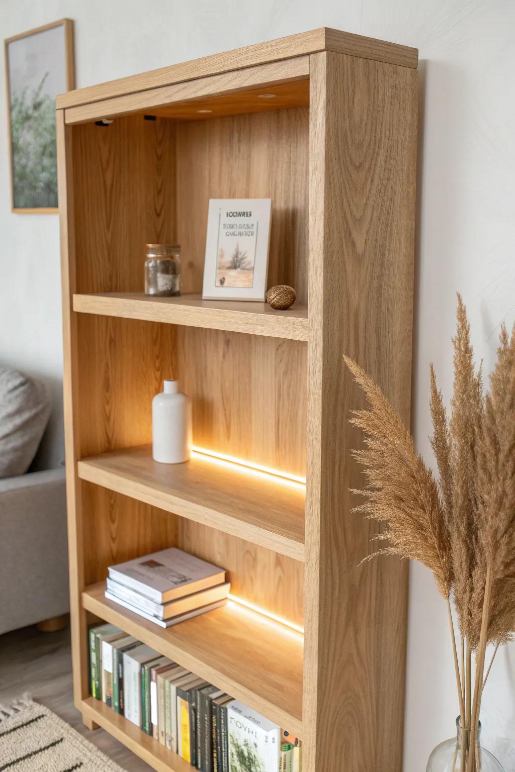 Oak shelf edge with resin inlay + hidden LED channel—soft glow that looks lit from within.
