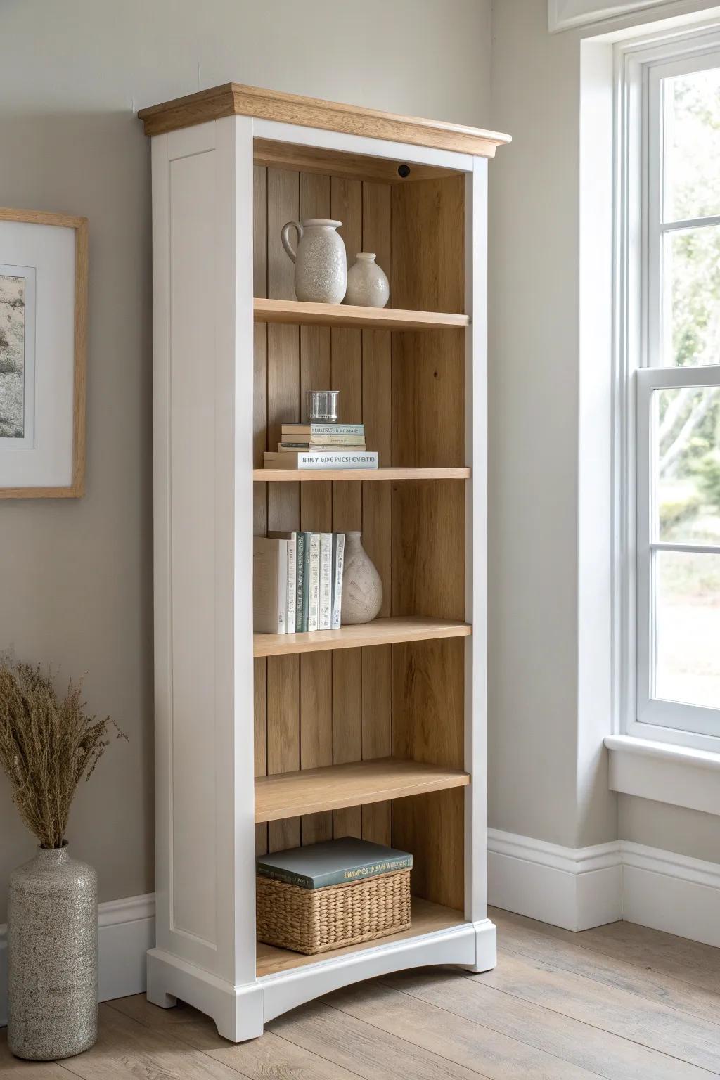 Two-tone bookshelf: warm oak grain meets matte paint for a clean, intentional backdrop.