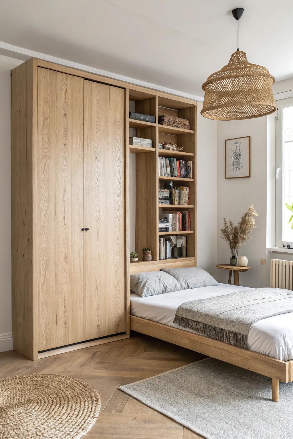 Tiny bedroom win: a fold-down wall bed with side shelves for built-in sleep + storage.