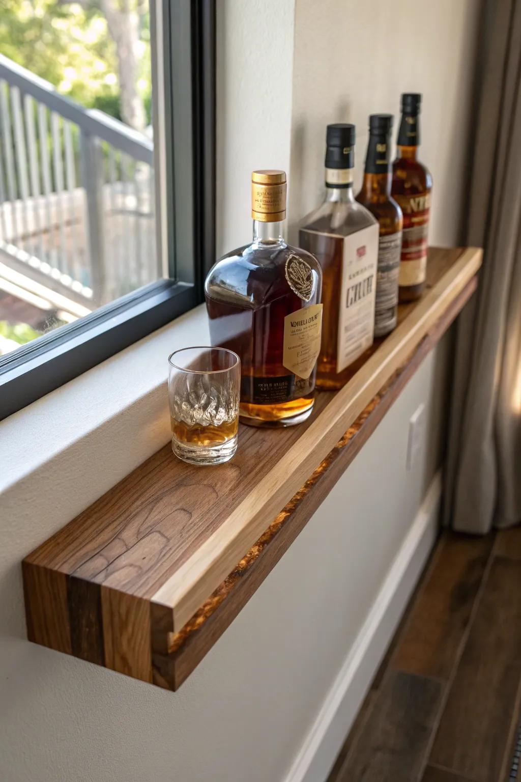 Walnut bourbon shelf with a subtle amber resin “river” inlay—minimal, warm, and handmade.