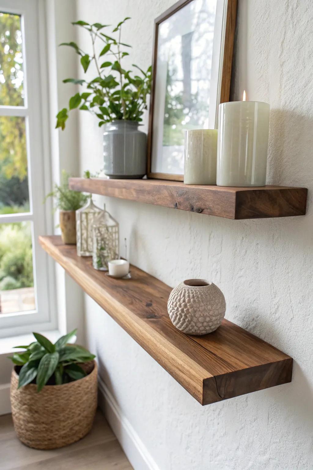 A walnut floating shelf with a champagne resin inlay—natural flaws turned into boutique art.