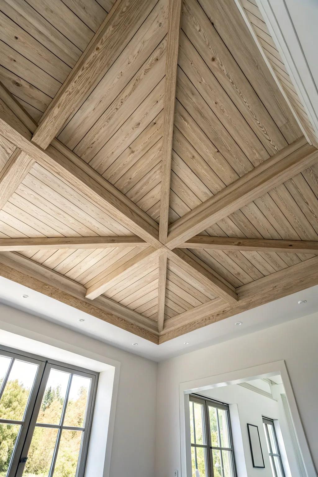 Herringbone box beams transform the ceiling into sculptural wood art—minimal, warm, striking.