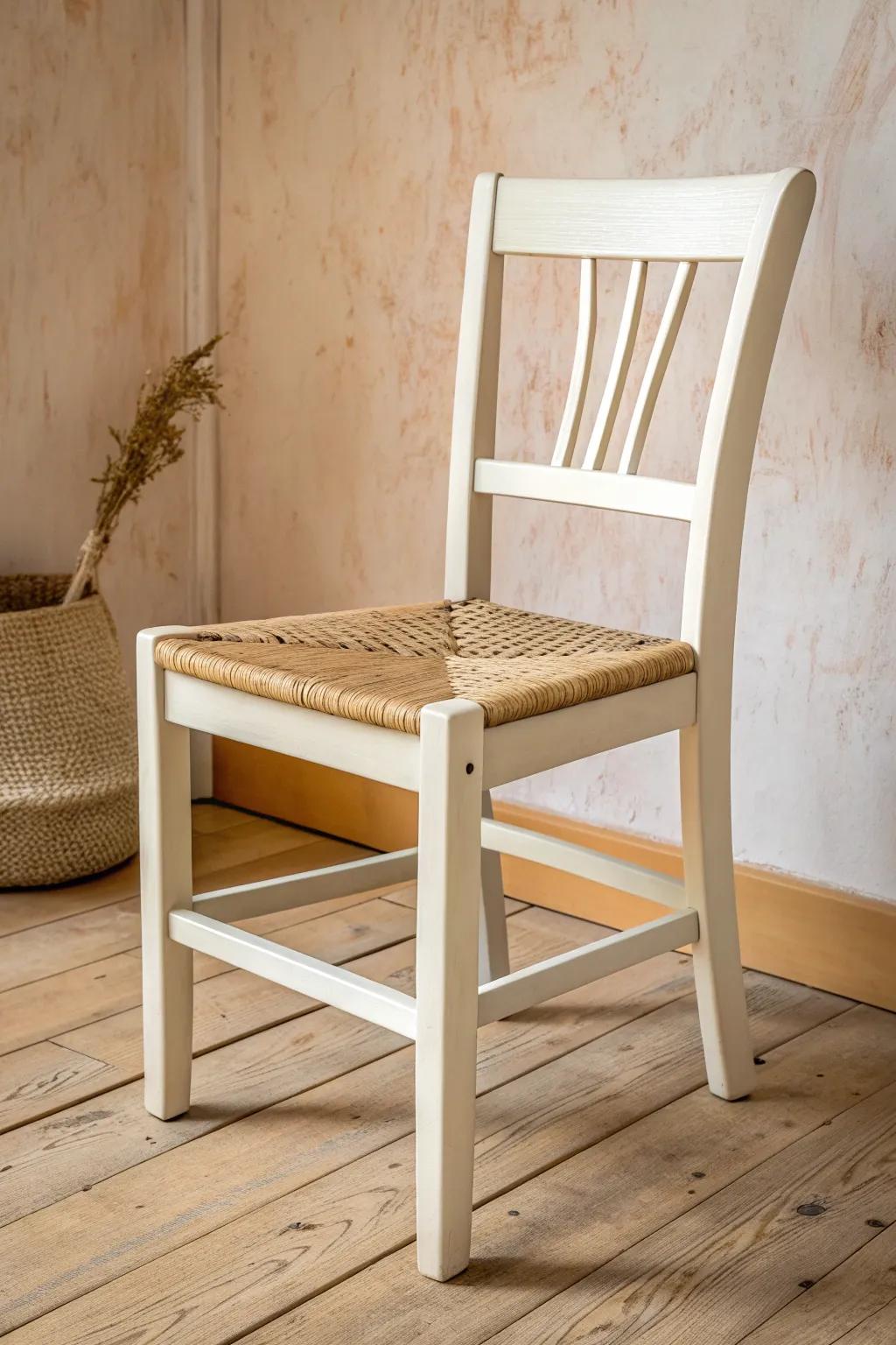 Thrifted chair makeover: one cohesive paint color turns mismatched finds into a charming set.