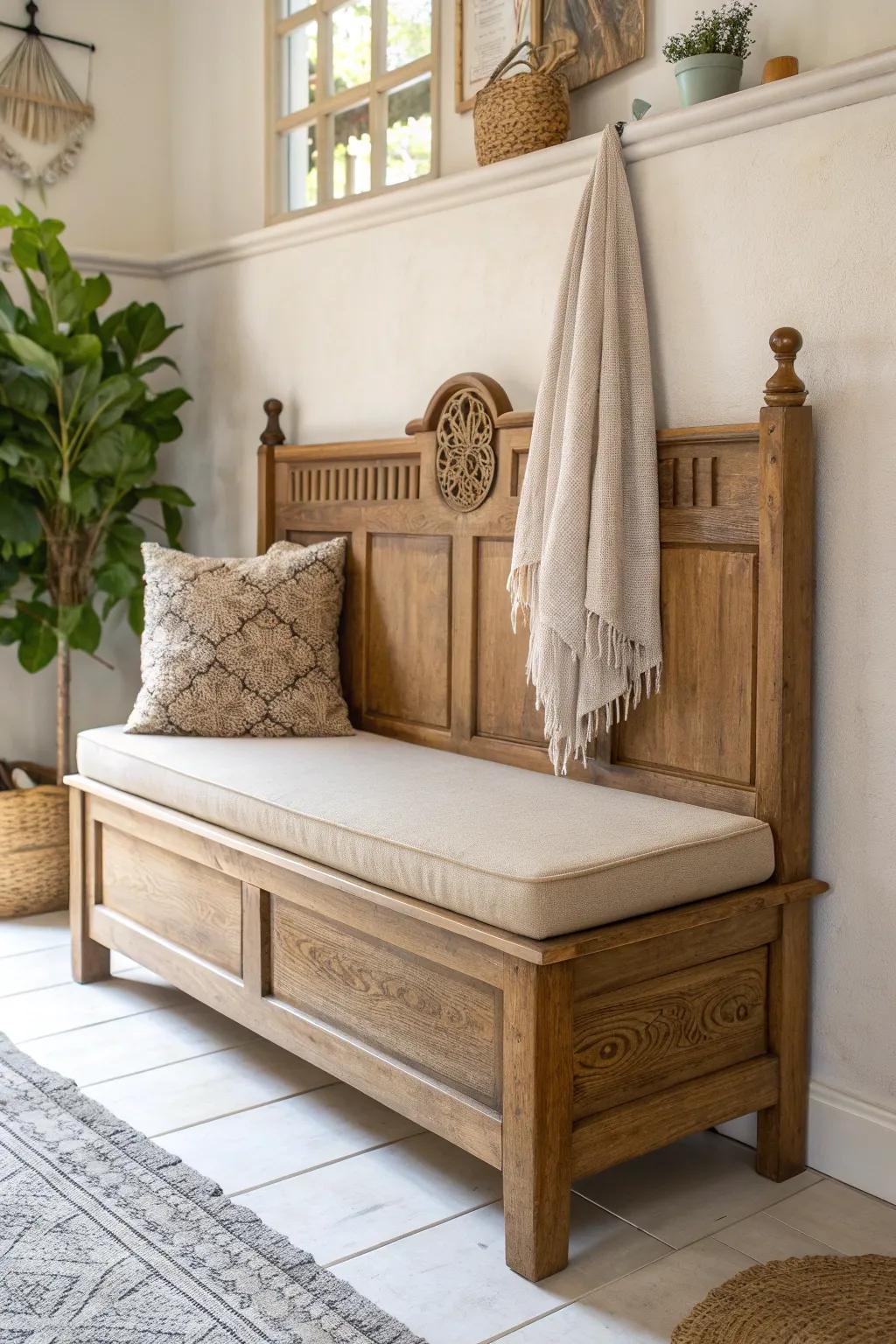 Upcycled headboard backrest bench—vintage charm meets clean Scandinavian breakfast nook style.