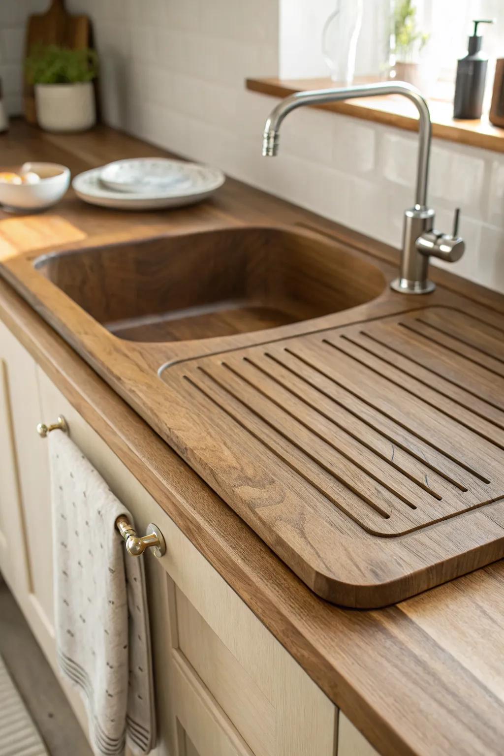 Hand-routed drainboard grooves in a rich brown wood countertop—simple, artisan, stunning.