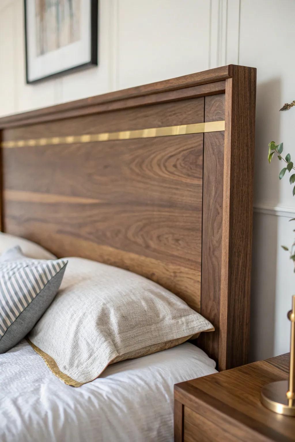 Warm walnut headboard with a sleek inlay stripe—minimal, boho-soft, and handcrafted.
