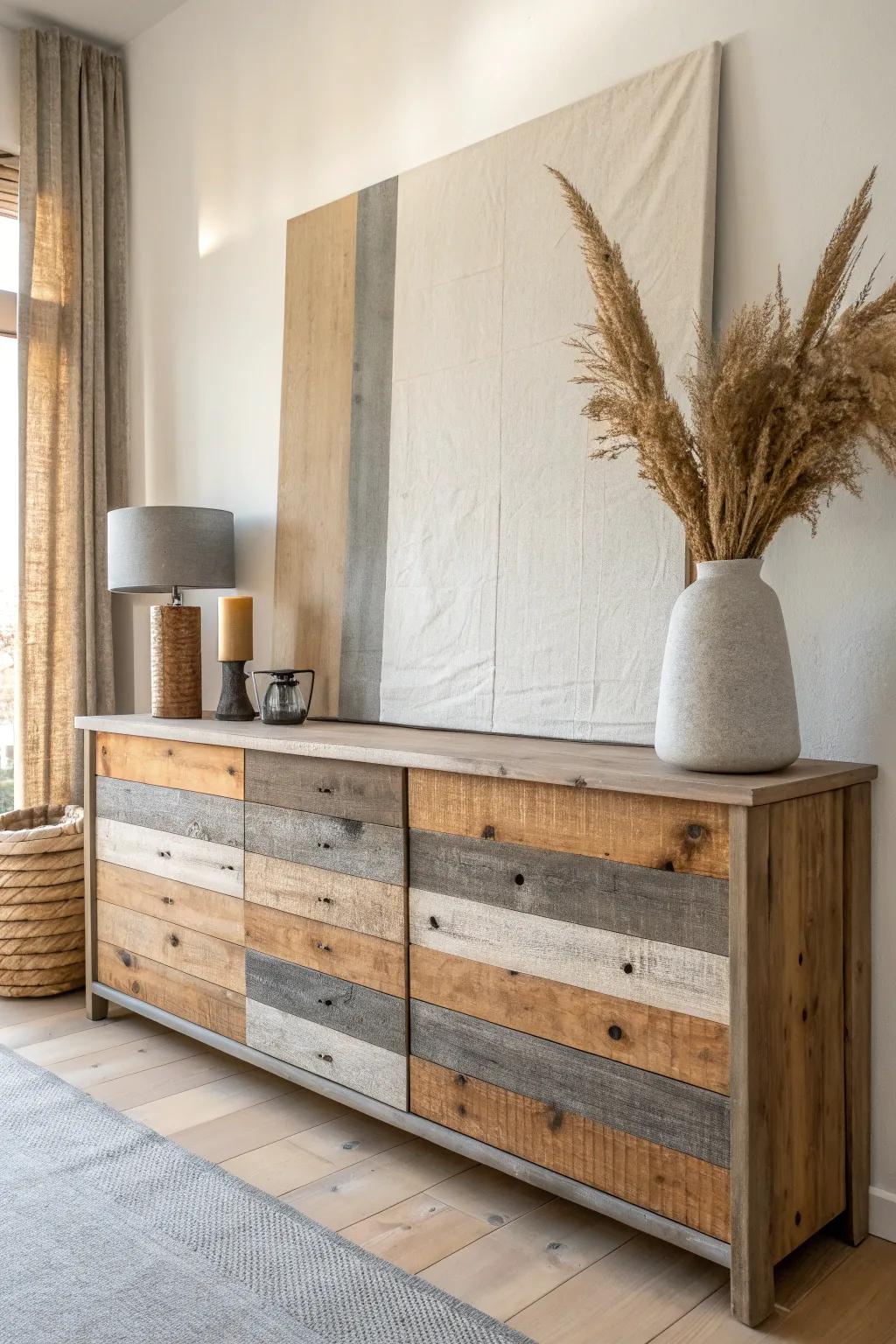 DIY reclaimed wood backboard adds instant depth and a custom, architectural feel to your buffet.