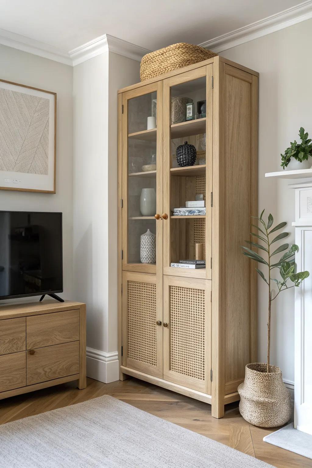 A built-in corner cabinet with cane inlay turns forgotten corners into a crafted focal point.
