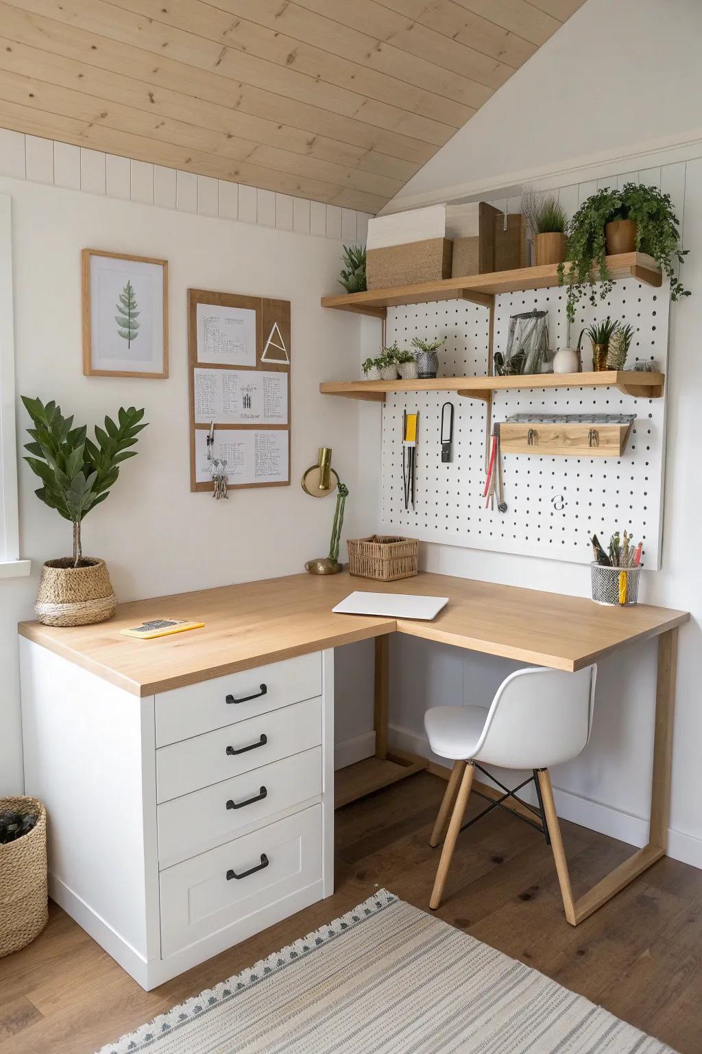 A built-in corner desk with wood-framed pegboard keeps tools visible, tidy, and inspiring.