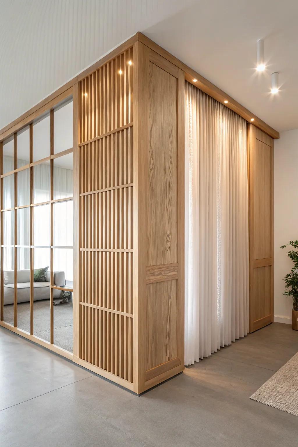 A built-in divider that doubles as art—oak slats with glowing blush resin inlays.