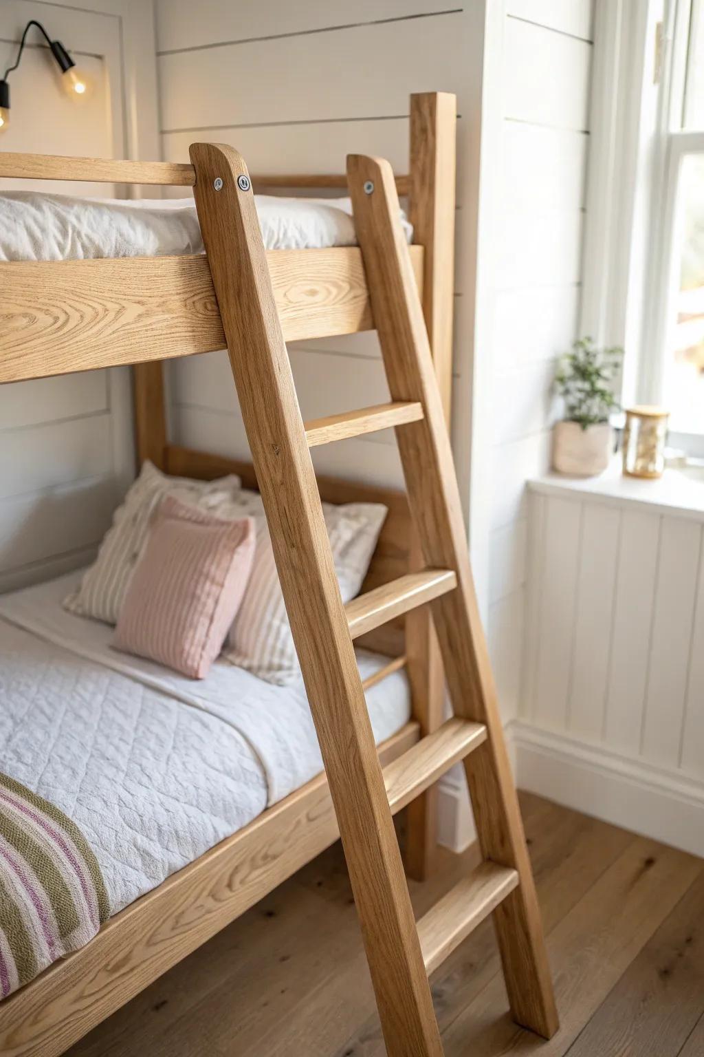 Cute, secure top-bunk upgrade: taller oak safety rail with rounded corners and a smooth top.