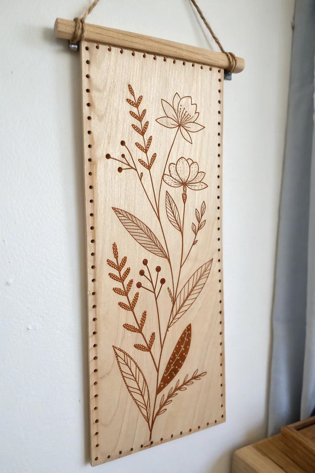 Burnt wood botanicals + delicate stitching—Scandi minimal wall art with a soft boho twist.