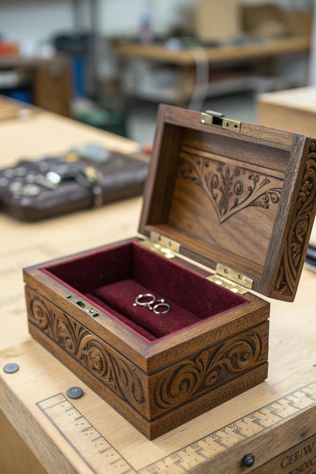 Elegance in every grain: Discover the allure of burnt wood craftsmanship with this bespoke jewelry box.
