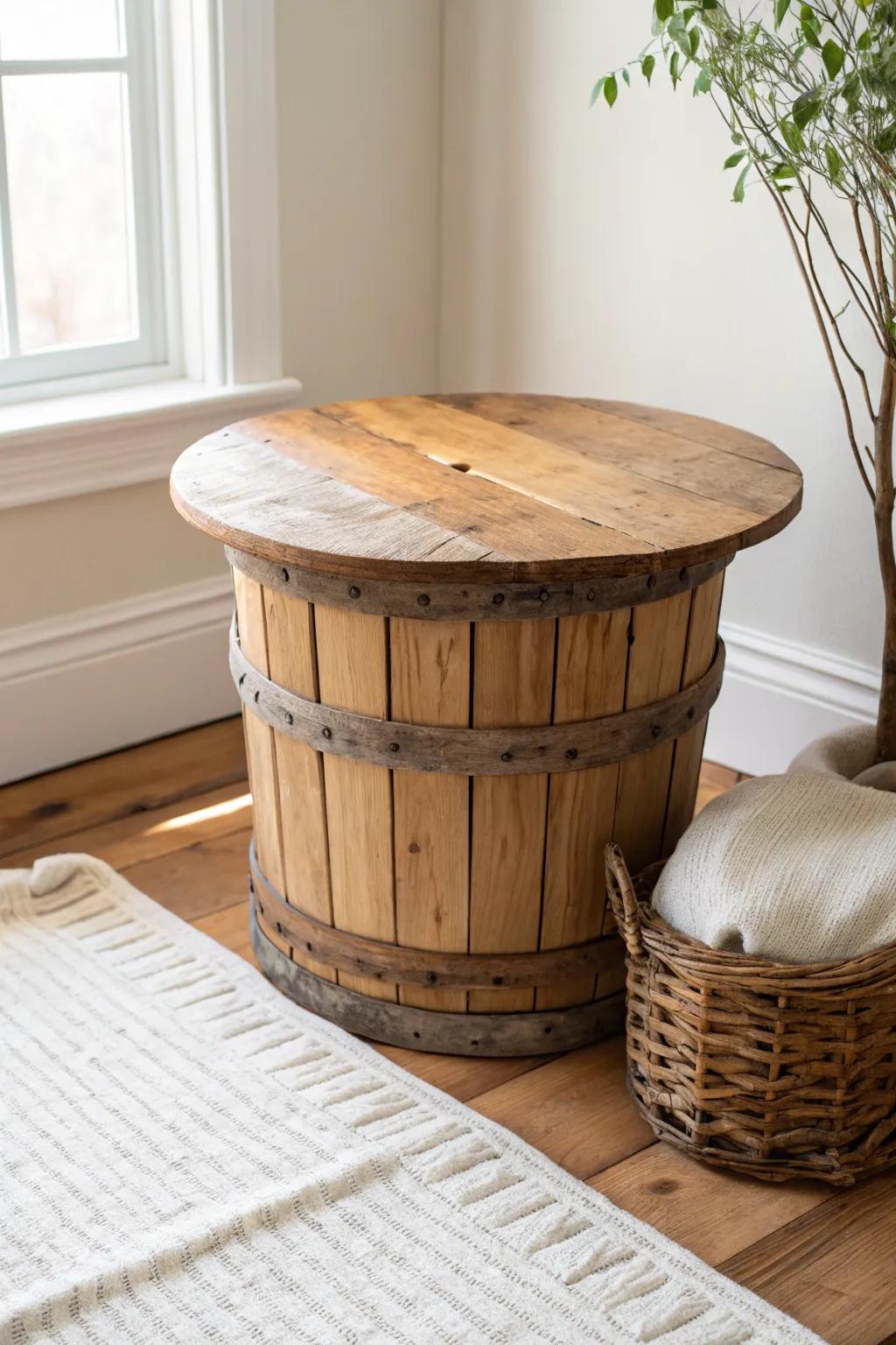 Upside-down bushel basket with a reclaimed wood round top—airy side table + hidden storage.