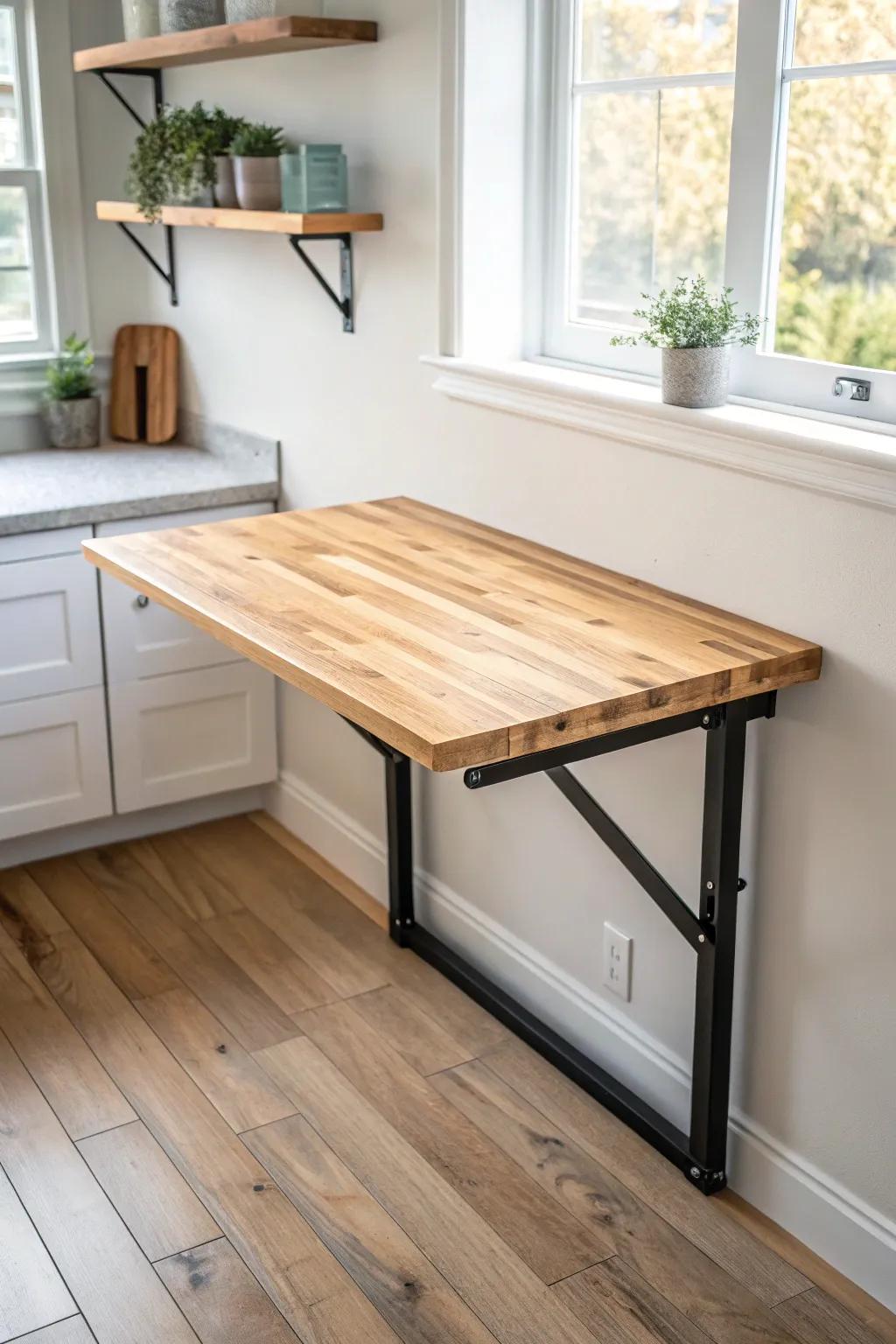 Fold-down butcher block table: a solid prep station that vanishes when you’re done.