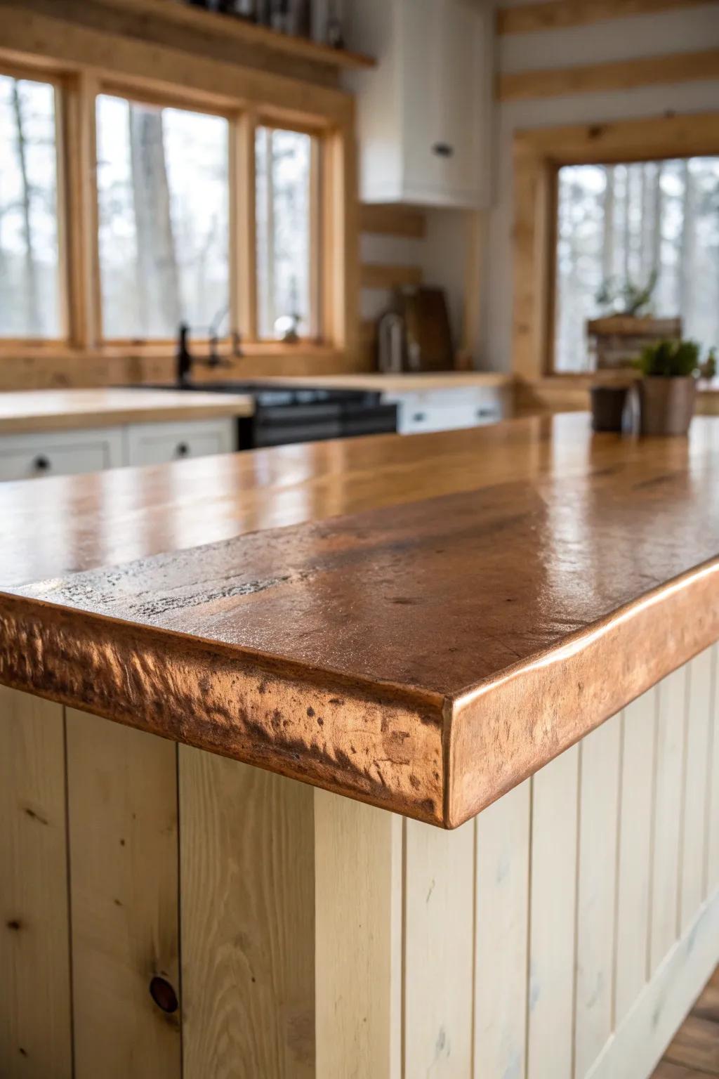 Copper sheet countertop glow—warm now, beautifully patinaed with every season in the cabin.