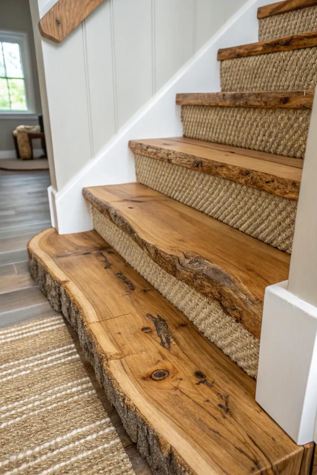 Live edge slab treads turn every cabin step into a warm, handcrafted piece of forest.