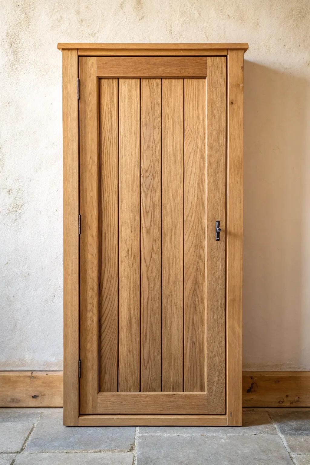 Tongue-and-groove plank cabinet front: warm, rustic texture with clean Scandinavian lines.