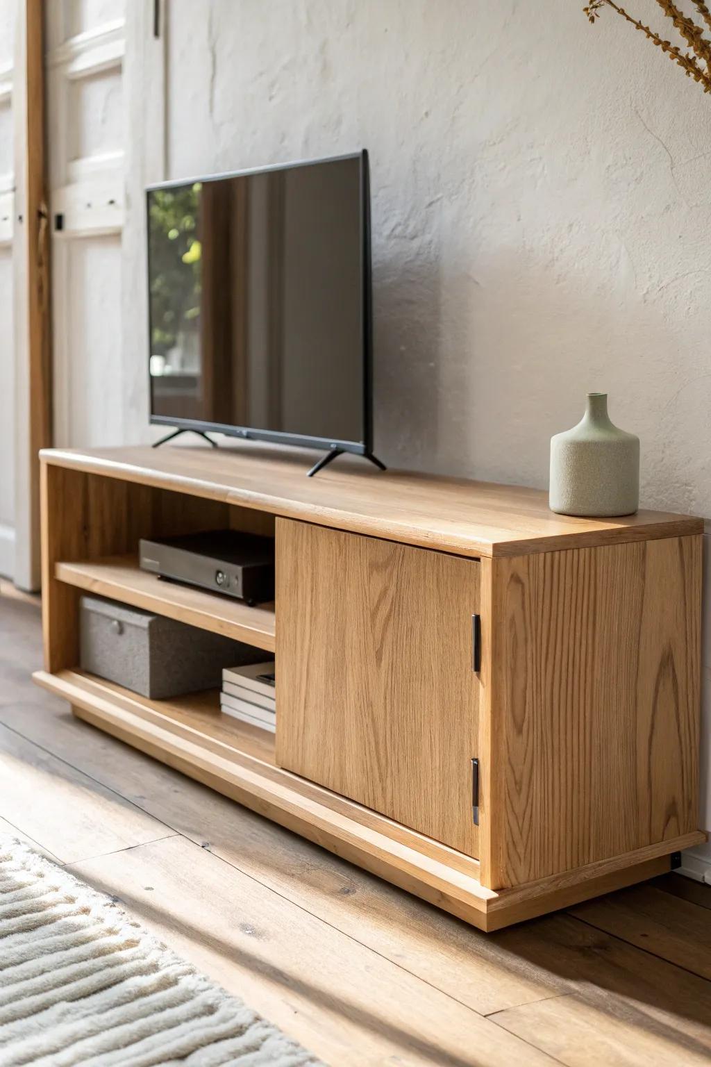 A mini sliding-door cable box shelf—hide cords beautifully, reveal only when needed.