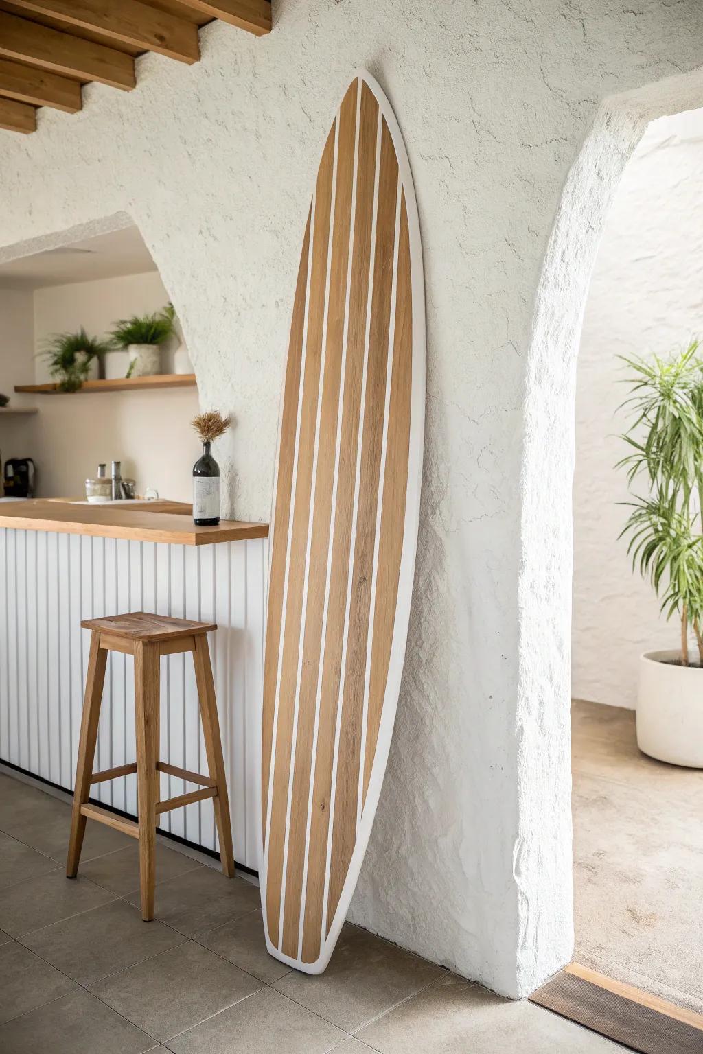 Surfboard-inspired oak slat wall for a breezy California kitchen coffee nook glow.
