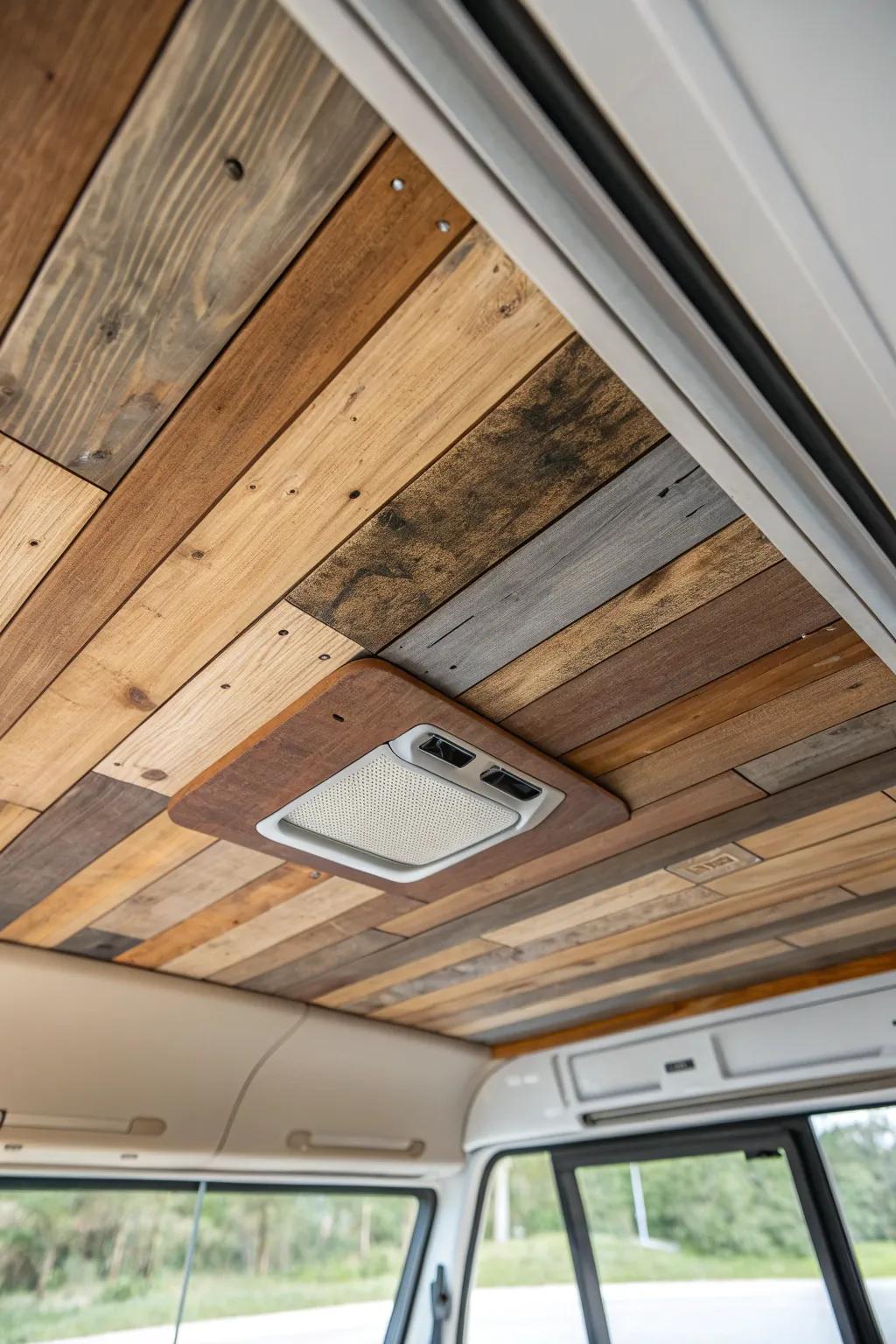 Curated reclaimed-wood patchwork ceiling—warm patina, smooth finish, and clean seams.