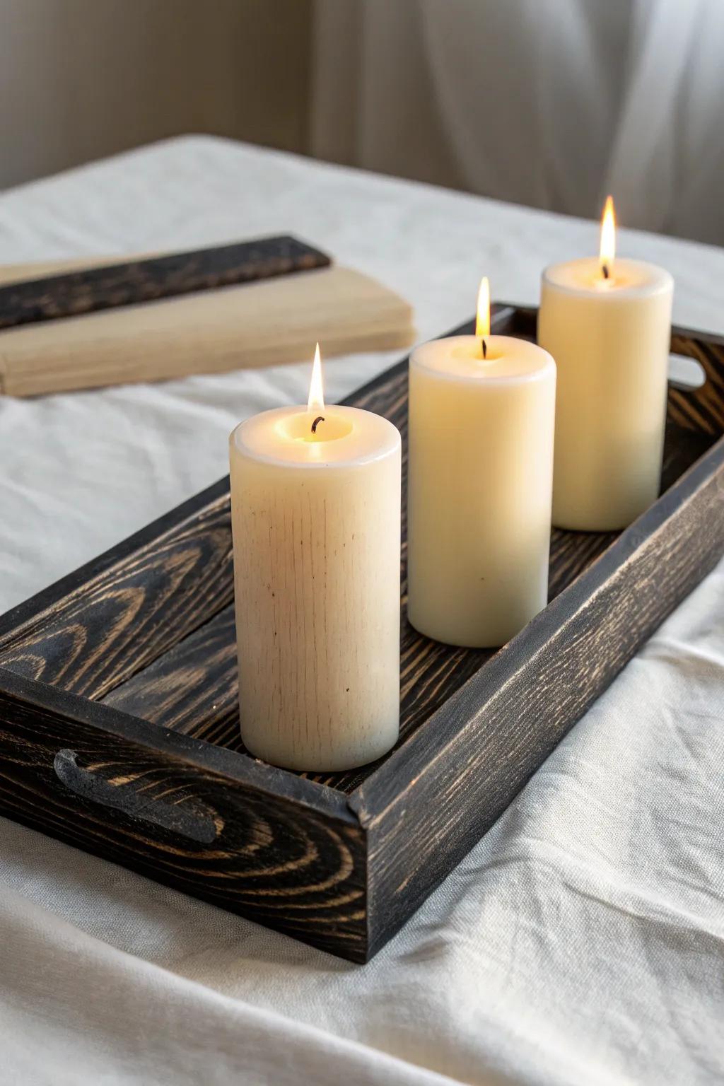 Charred wood tray + creamy candles for a moody, high-contrast Scandinavian statement.