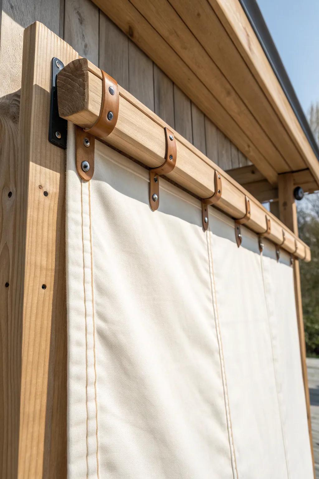 A simple roll-down canvas door adds cabana warmth, privacy, and weather cover to a wood carport.