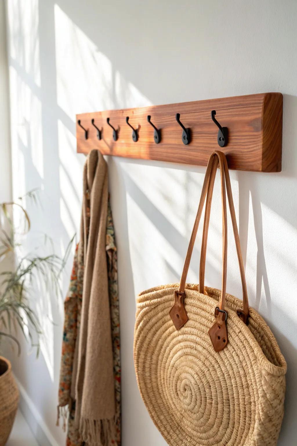Warm cedar peg rail with a woven basket—minimalist, boho-leaning storage with charm.