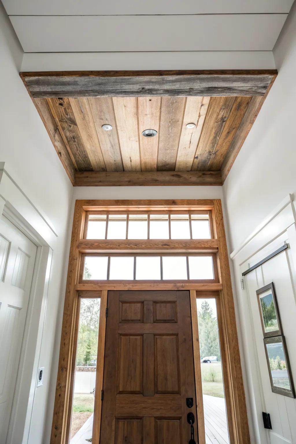 An antique transom frame overhead turns a plain ceiling change into a warm, crafted threshold.