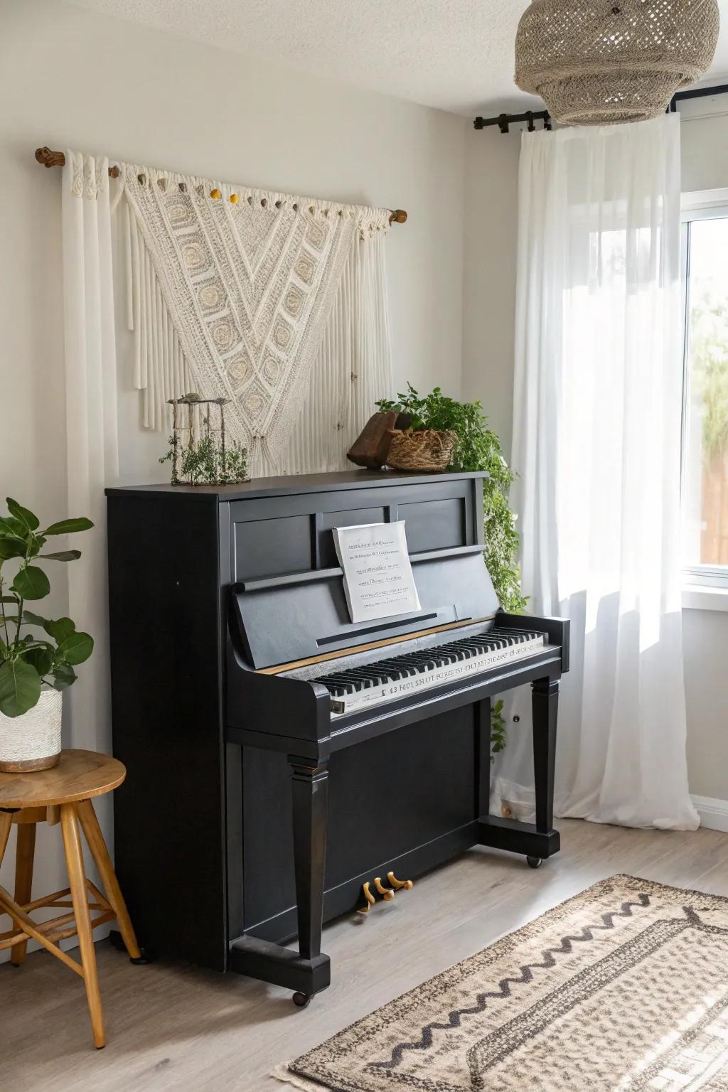 Transform your space with a chic piano makeover using classic black chalk paint. #ScandiBoho #ChalkPaintMagic