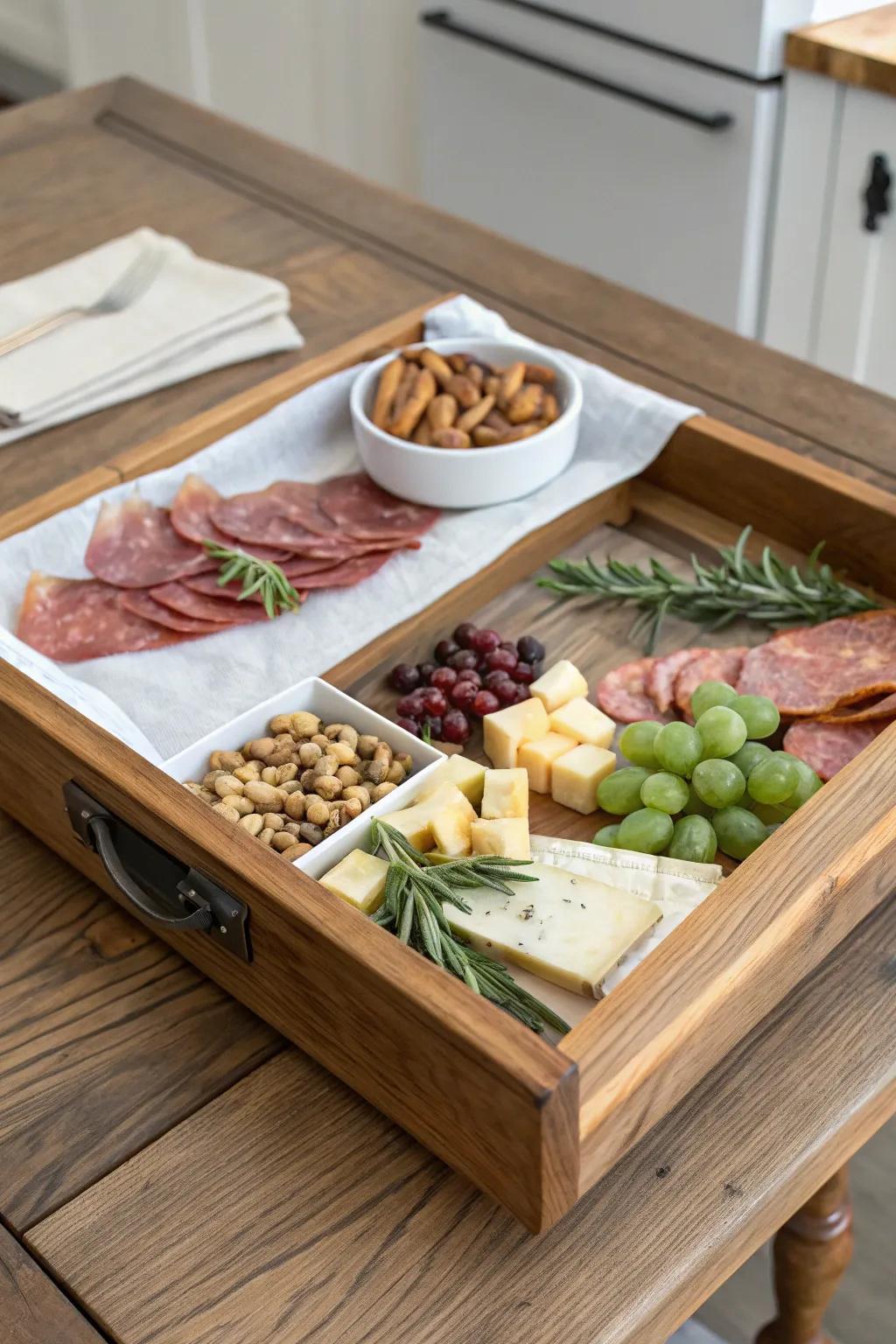 A reclaimed drawer turns into a secret pull-out charcuterie tray—rustic, minimal, stunning.