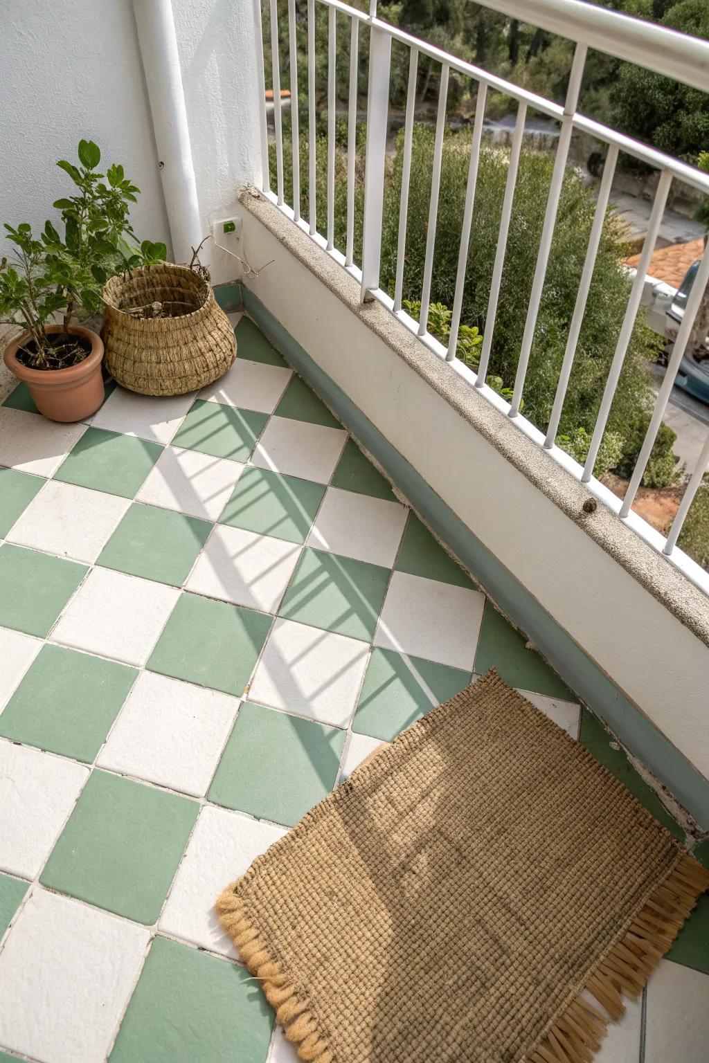 DIY faux tile balcony floor: painter’s tape + two paint colors for a chic budget upgrade.