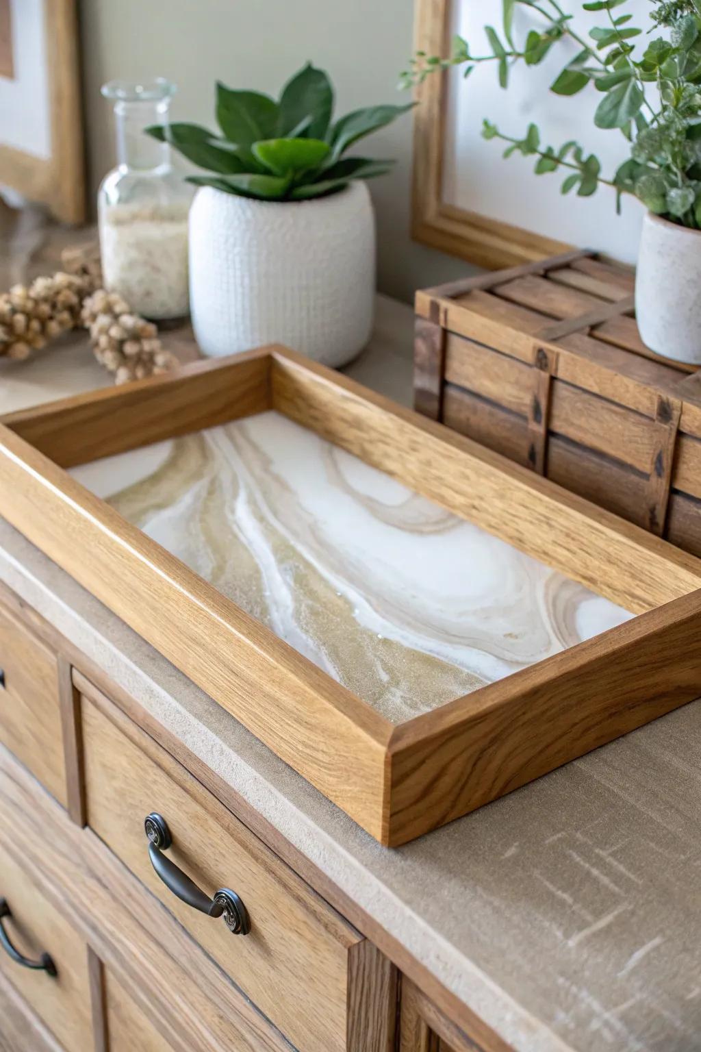 Glossy resin meets warm wood—an understated tray centerpiece that elevates any chest top.