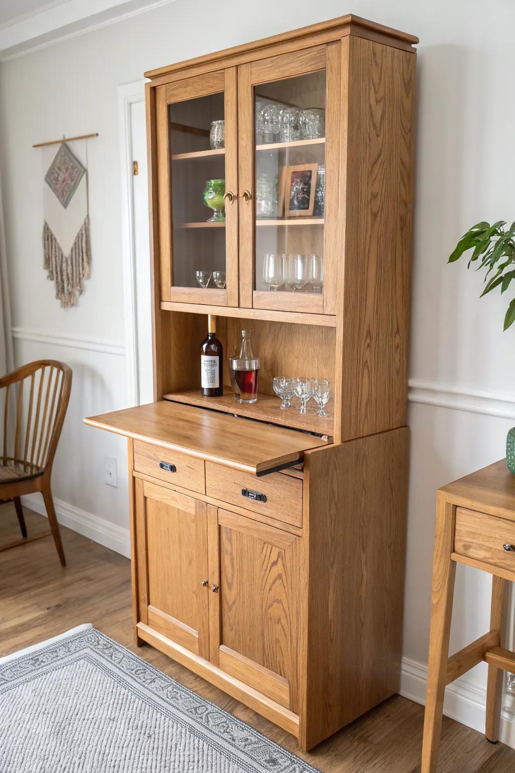 Slim china cabinet bar with a fold-down cocktail ledge—compact, crafted, and ready to mix.
