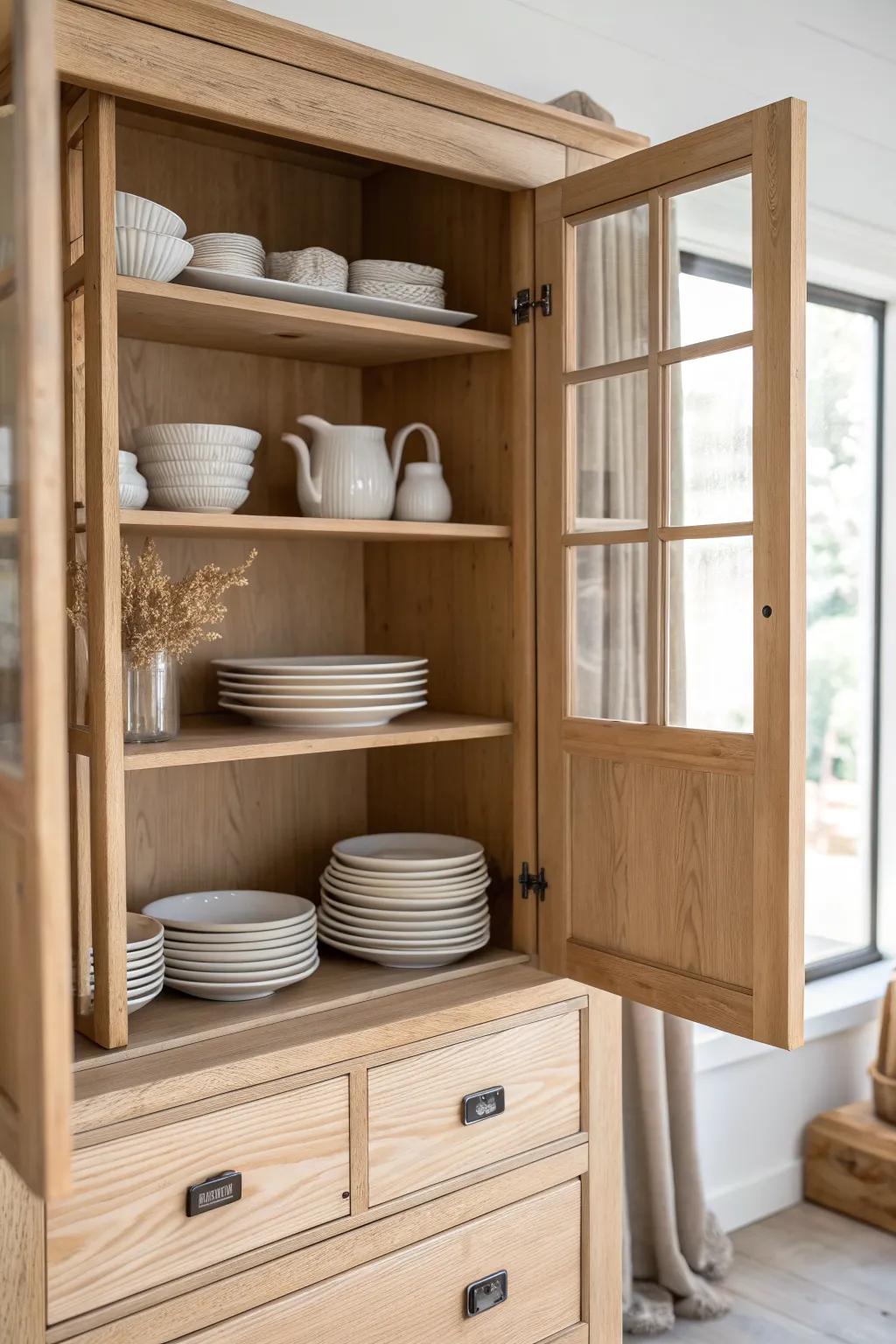 Pull-out tray shelves turn a china hutch into effortless, back-saving plate storage.