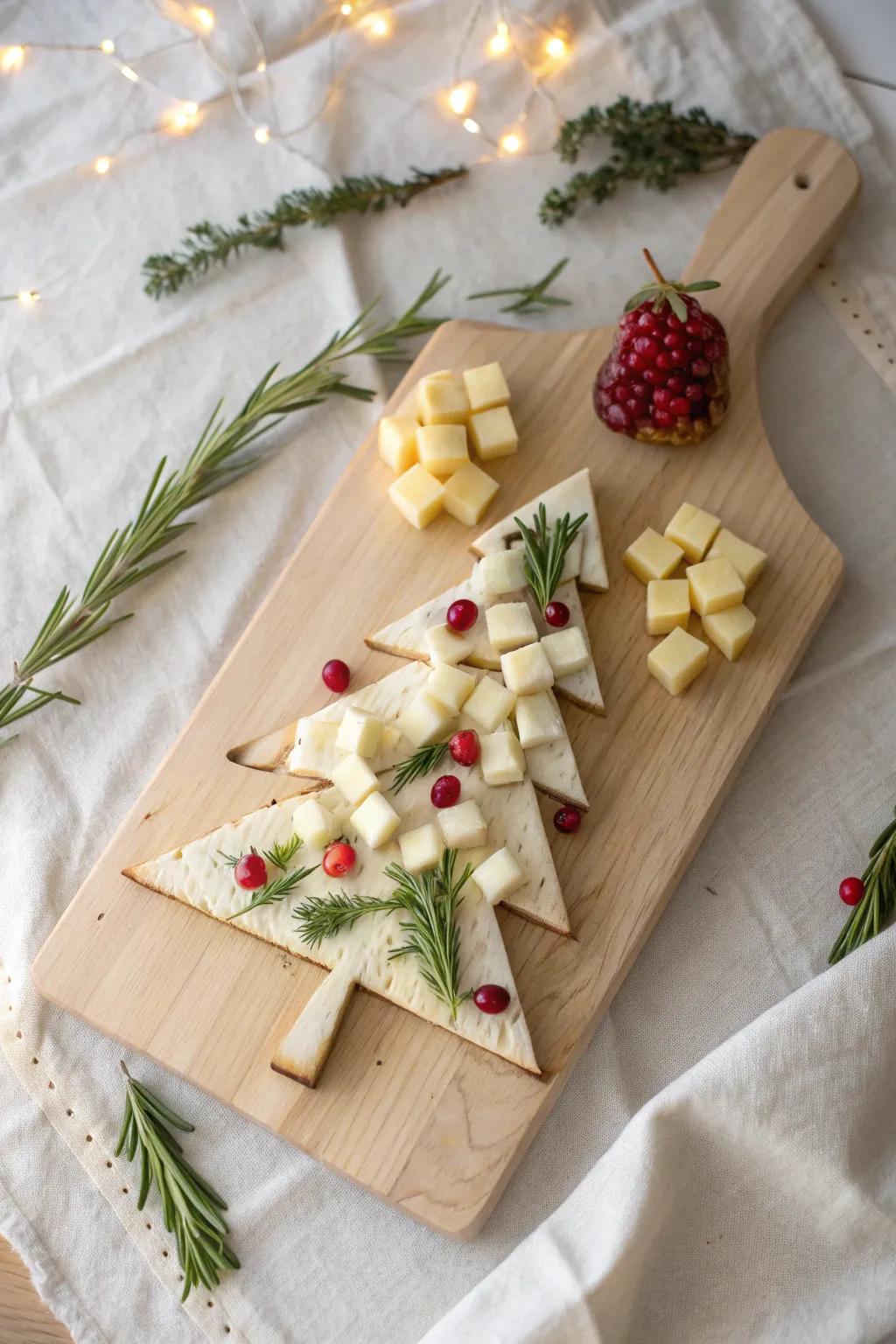 Wood-burned tree cheese board: an easy “paint-by-lines” holiday mosaic for effortless hosting.