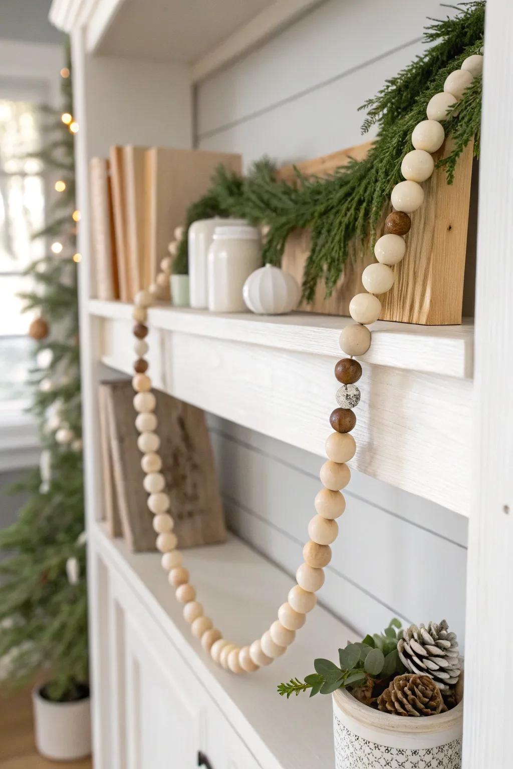 Wood bead garland draped across a Christmas hutch shelf—simple movement, warm contrast.