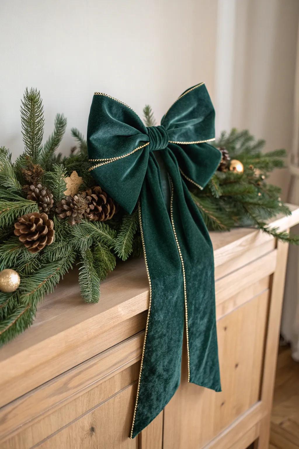 A single oversized velvet bow turns your sideboard garland into an instant Christmas centerpiece.