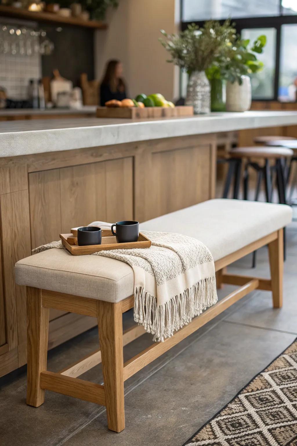 A handcrafted bench beside the coffee bar quietly invites church friends to linger and connect.