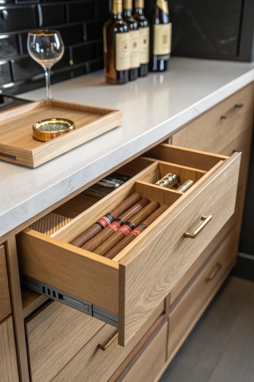 A secret humidor drawer under the bar—cedar-lined, soft-close, and beautifully hidden.