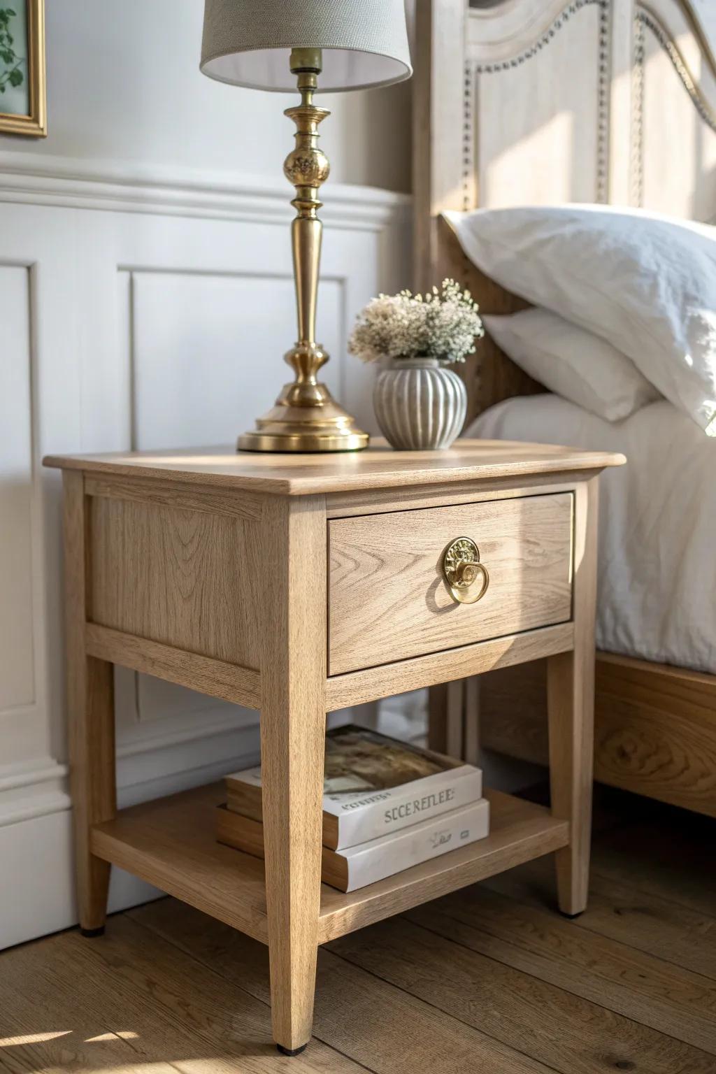 Antique brass pulls give a simple oak nightstand that timeless, classic bedroom charm.