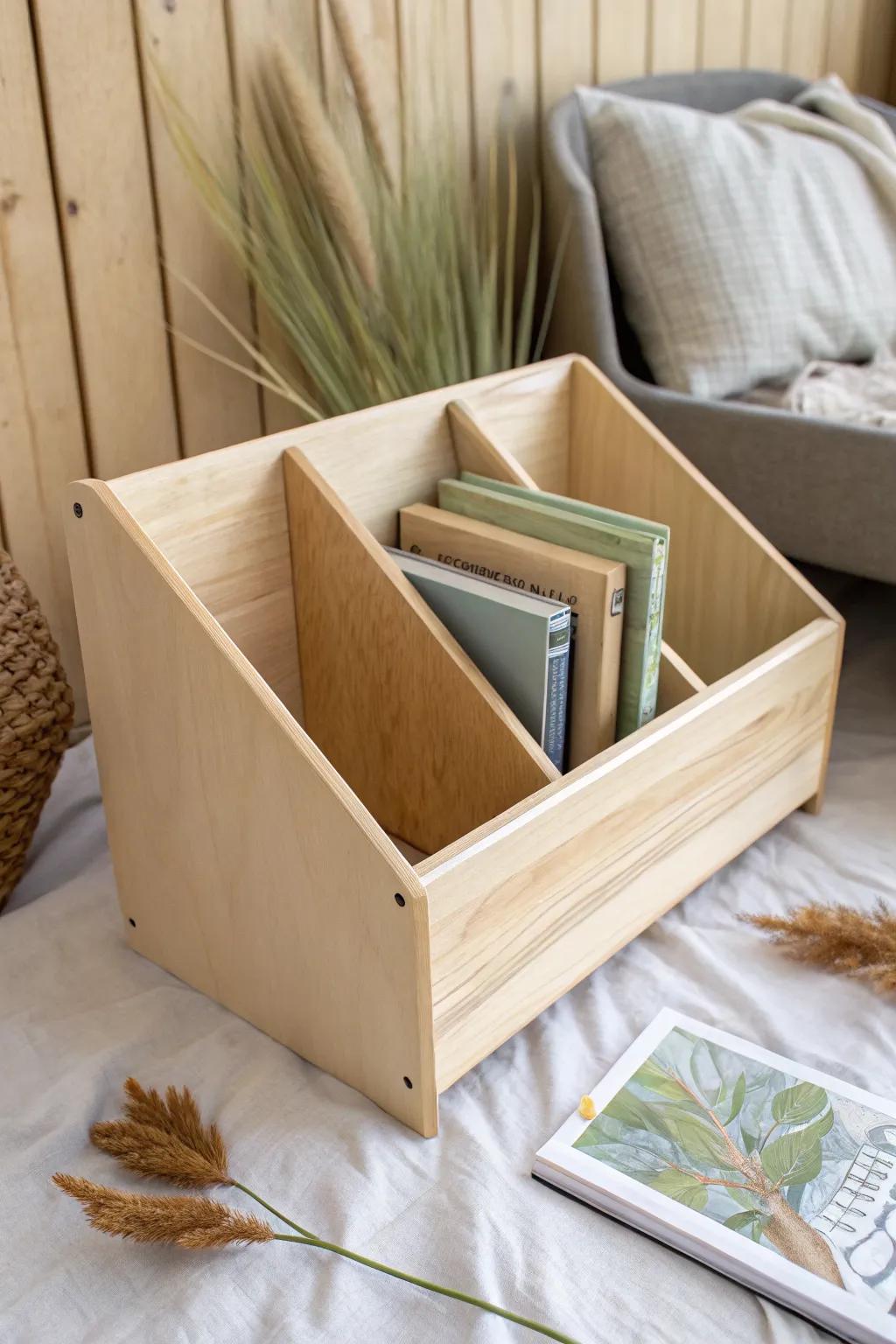 DIY plywood dividers turn one bin into tidy, adjustable storage for classroom series sets.